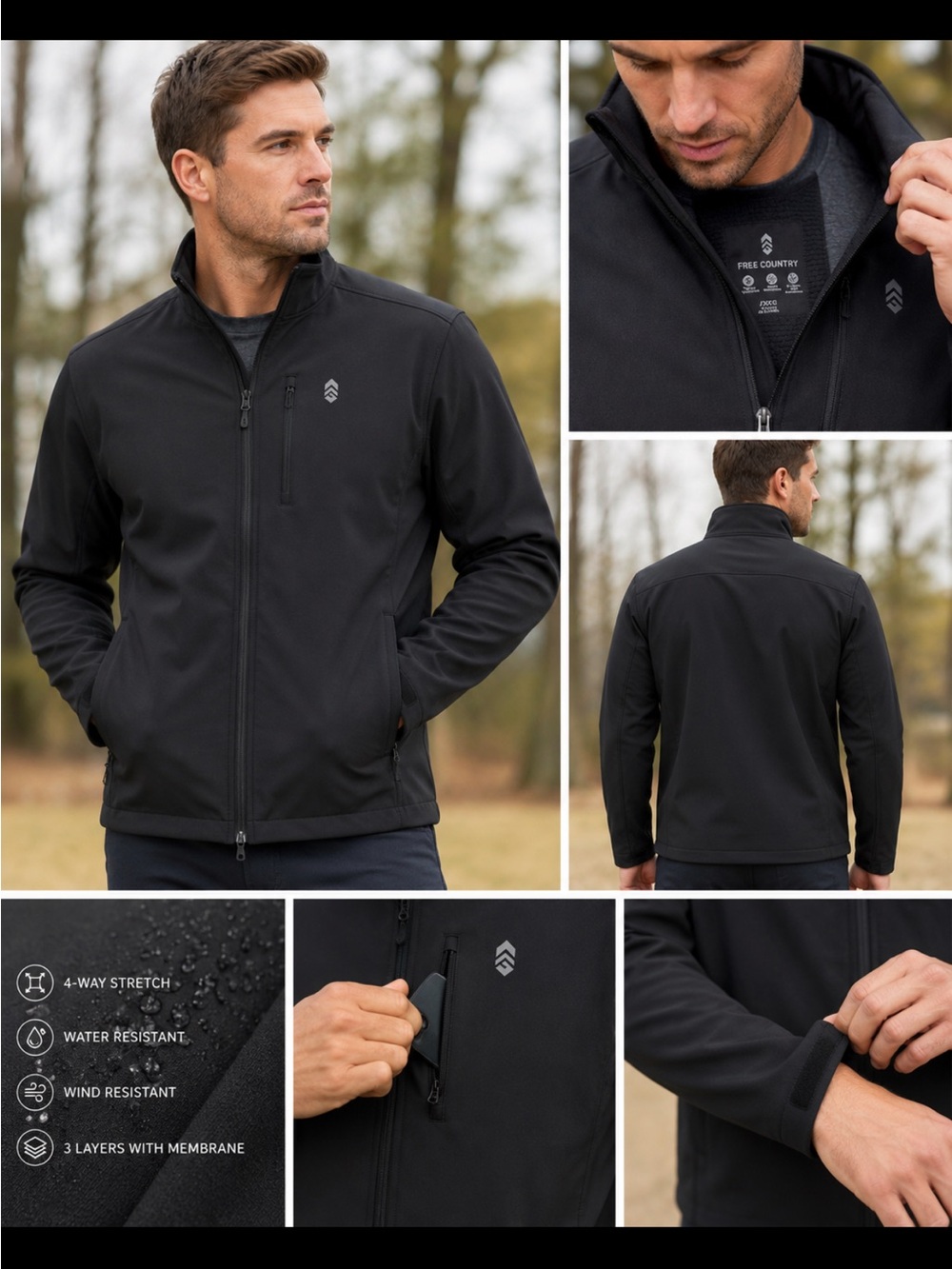 NWT Free Country Men's Black Windbreaker Softshell Jacket Size XXL